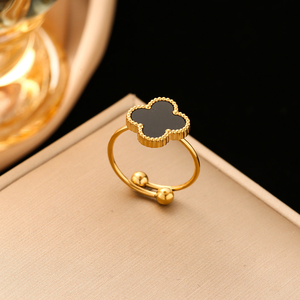 Gold Plated Black Lucky Floral Charms Ring