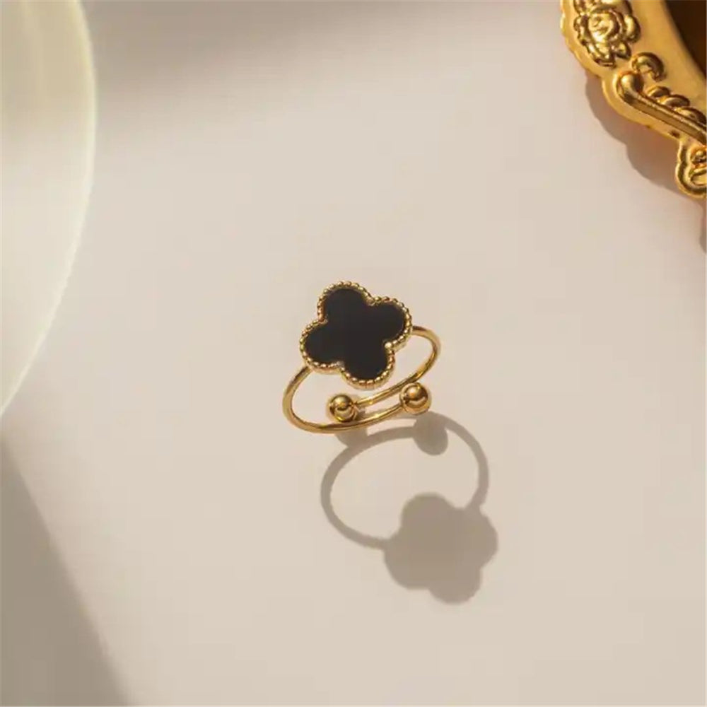 Gold Plated Black Lucky Floral Charms Ring