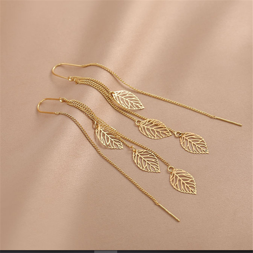 Minimalist Thread Leaves Dangle Earrings