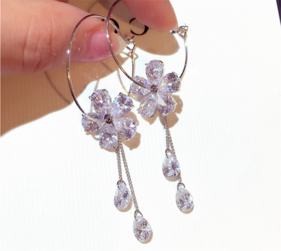 Rhinestones Crystal Flower Dangle Charm Hoops Earrings