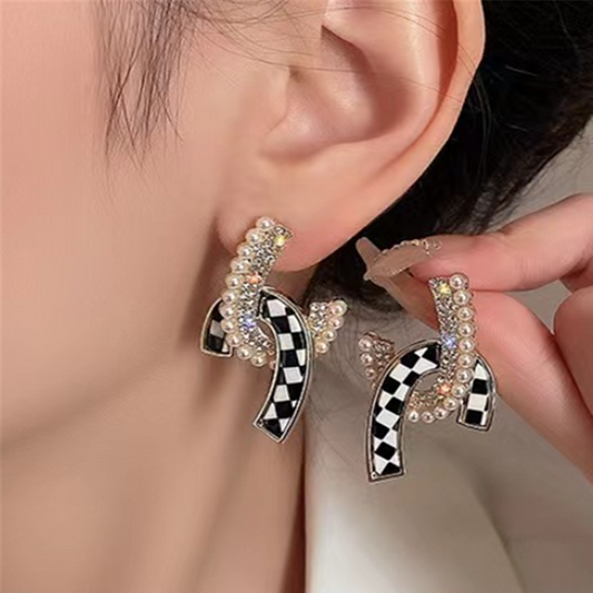 Cubic Zirconia Pearl Checkerboard Studs Earrings