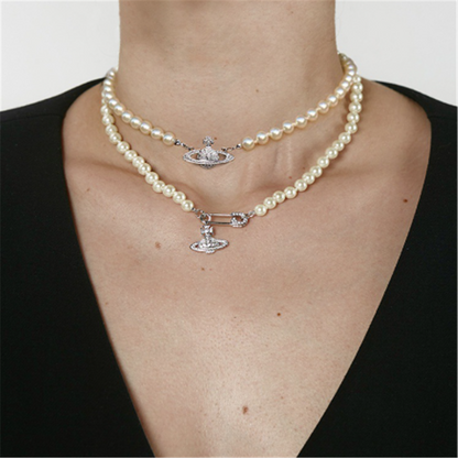 Pearl Rhinestones Crystal Beaded Saturn Necklaces