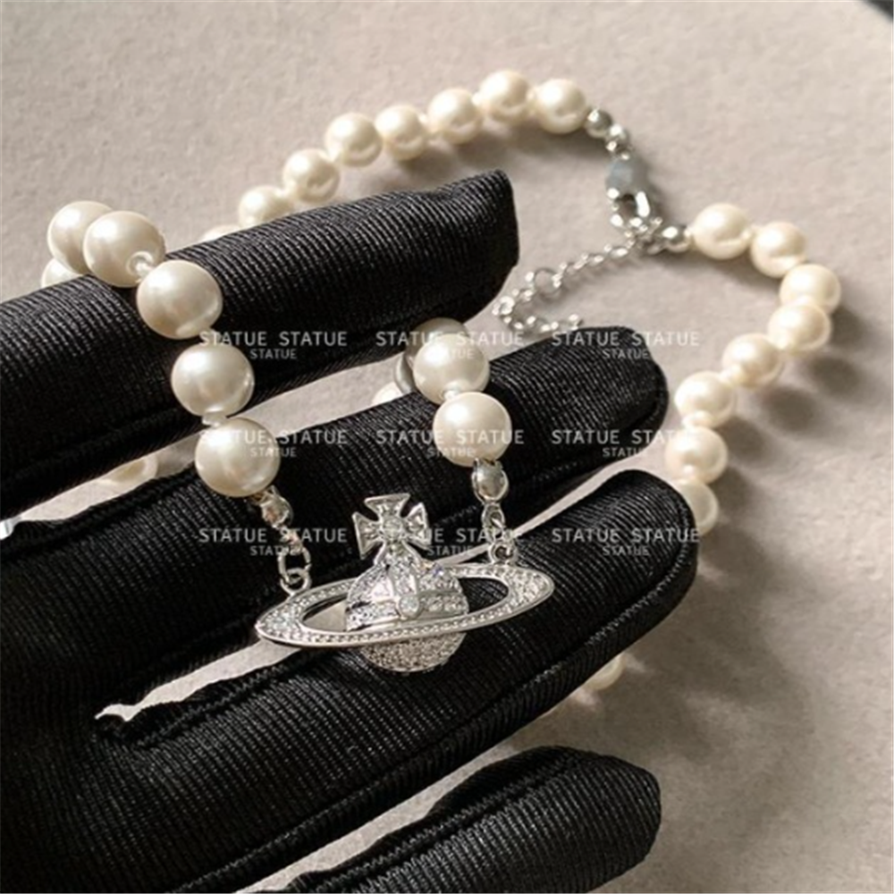 Pearl Rhinestones Crystal Beaded Saturn Necklaces