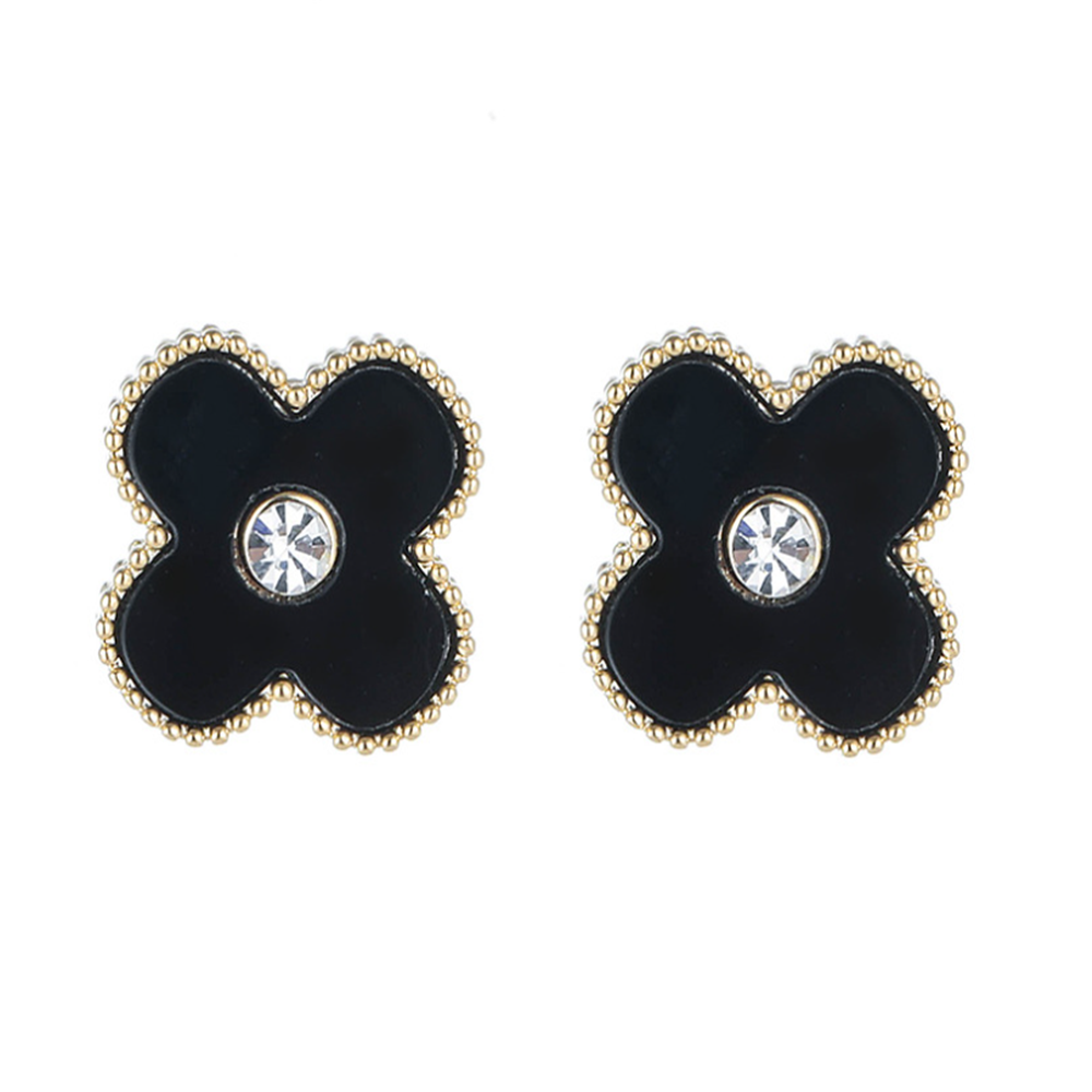 Gold Plated Black Lucky Floral Studs Earrings