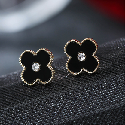 Gold Plated Black Lucky Floral Studs Earrings