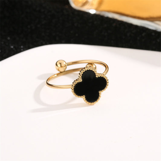 Gold Plated Black Lucky Floral Charms Ring