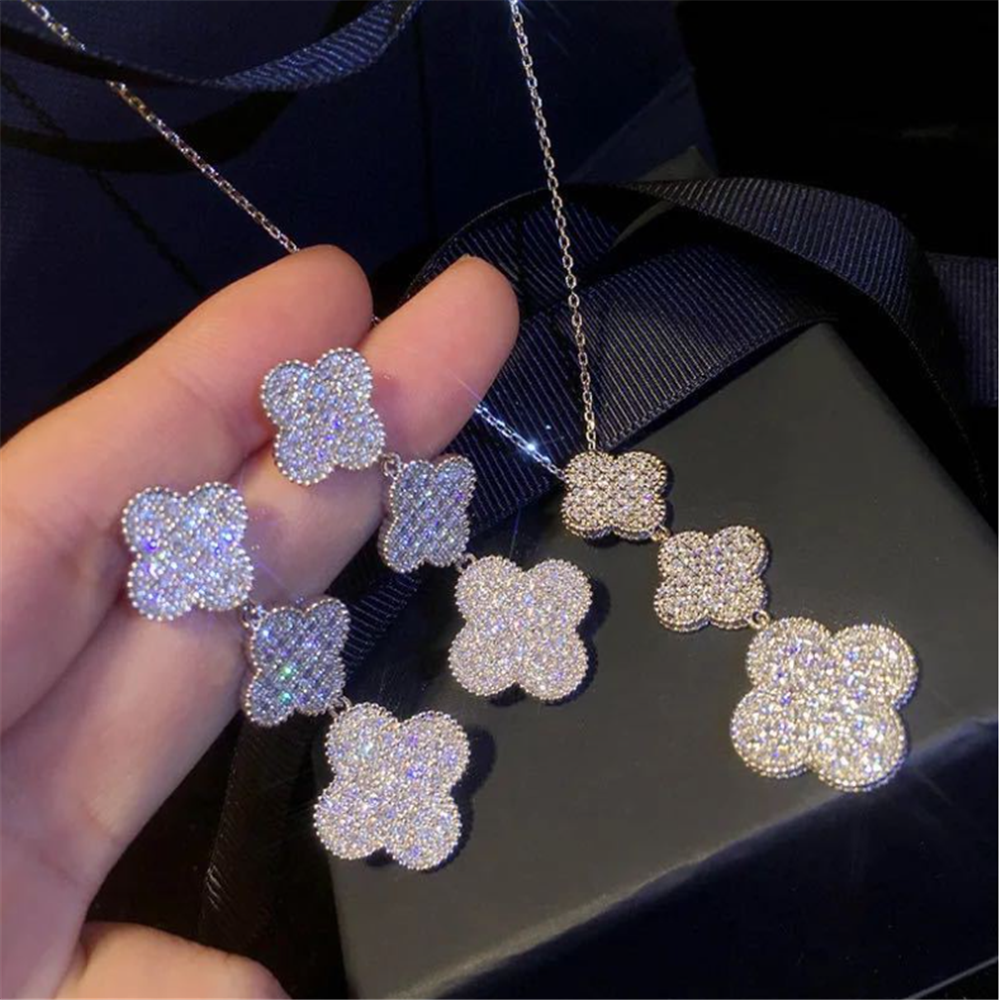 Cubic Zirconia Beaded Lucky Floral Dangle Necklaces