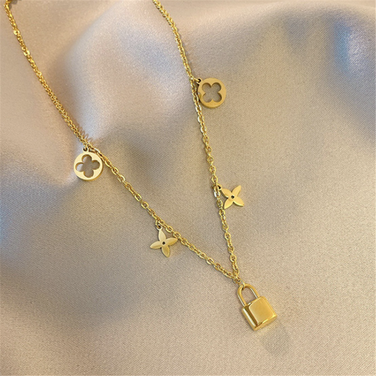 Gold Plated Floral Lock Charms Necklaces