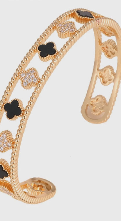 CZ Black Floral Bangle Bracelet Adjustable Gold | P.phoebus