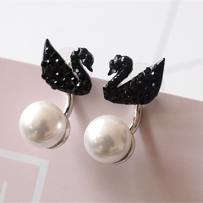 Minimalist Black Swan Rhinestones Crystal Pearl Earrings