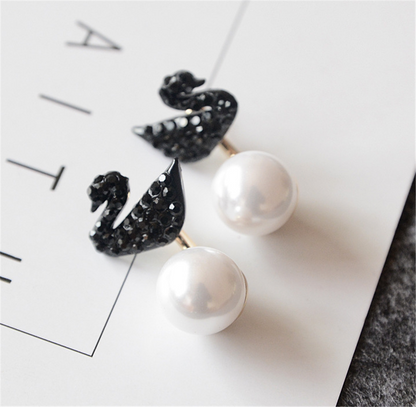 Minimalist Black Swan Rhinestones Crystal Pearl Earrings