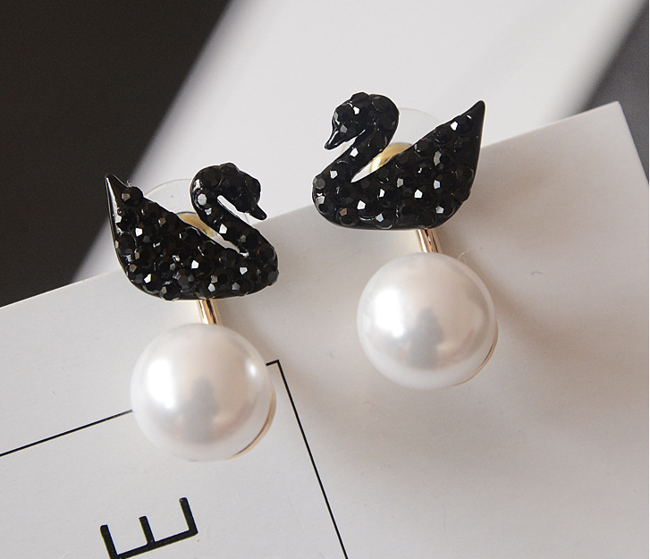 Minimalist Black Swan Rhinestones Crystal Pearl Earrings