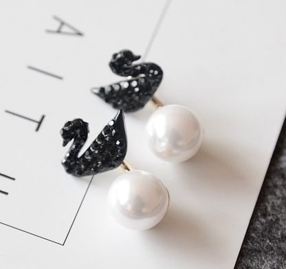 Minimalist Black Swan Rhinestones Crystal Pearl Earrings