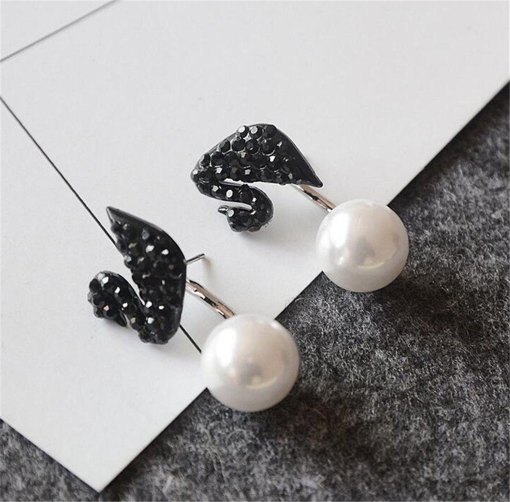 Minimalist Black Swan Rhinestones Crystal Pearl Earrings