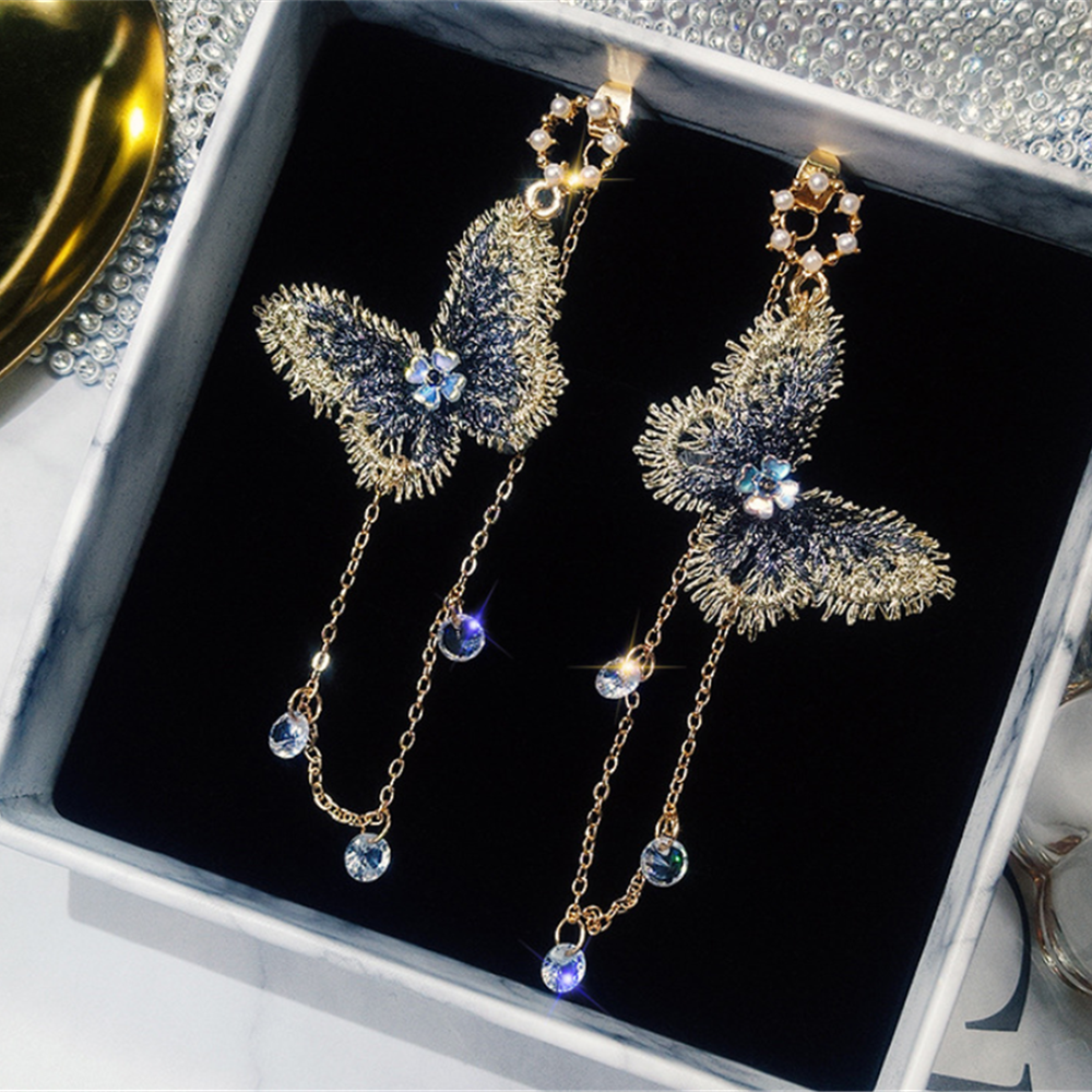 Cubic Zirconia Butterfly Dangle Chain Earrings