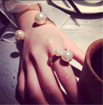 Vintage Gold Plated Pearl Bangle Bracelet Ring Set