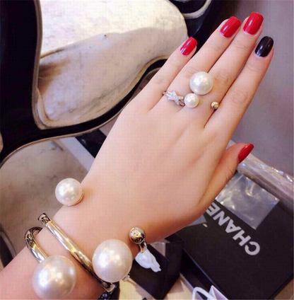 Vintage Gold Plated Pearl Bangle Bracelet Ring Set