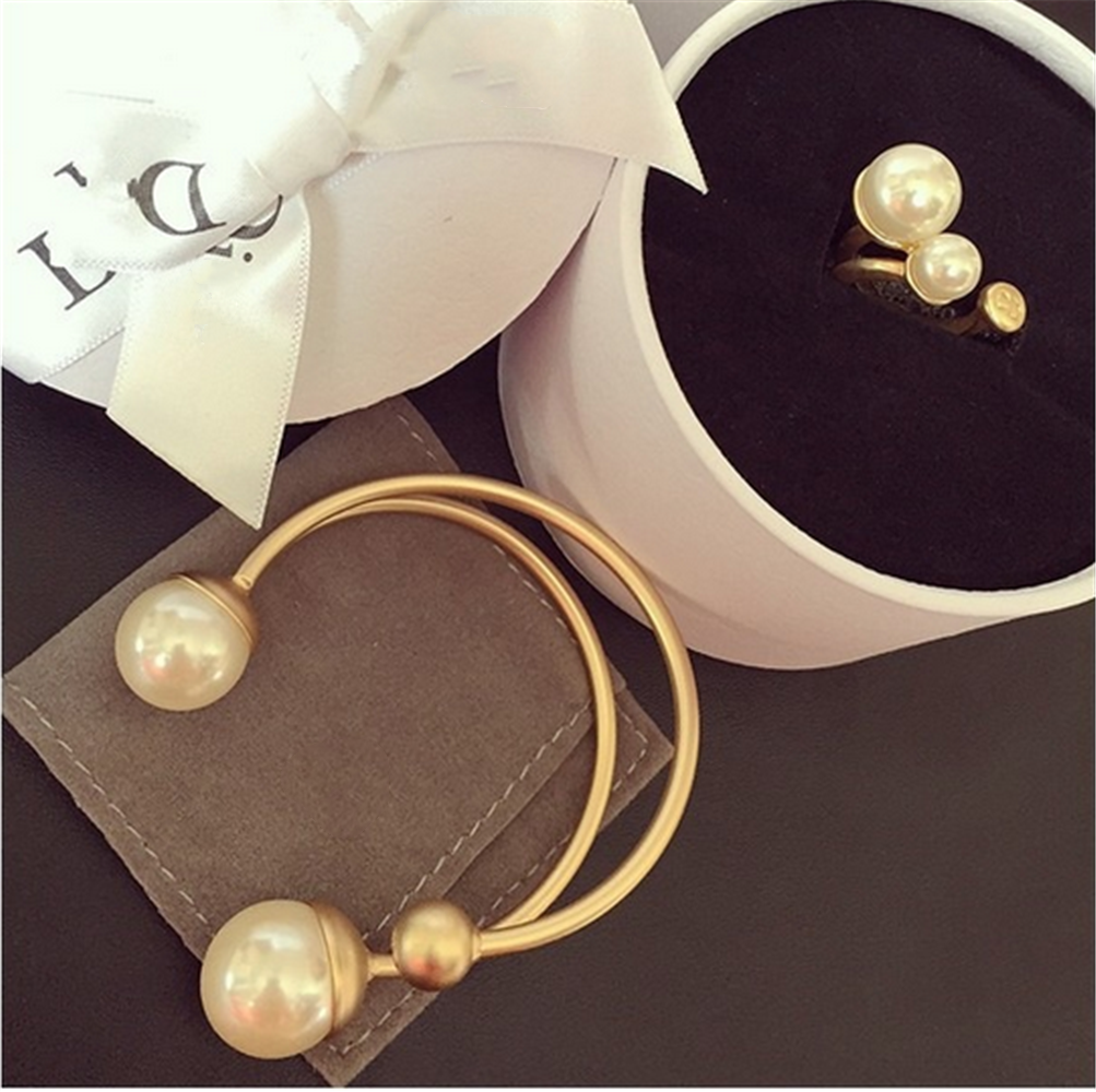 Vintage Gold Plated Pearl Bangle Bracelet Ring Set